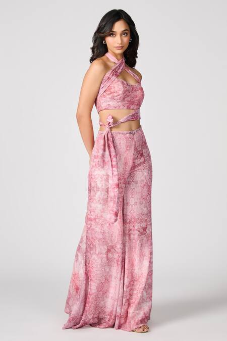 Shop_S&N By Shantnu Nikhil_Pink Chiffon Halter Neck Floral Print Side Tie Bustier _Online_at_Aza_Fashions