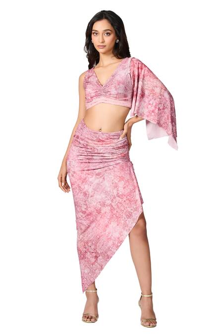 Buy_S&N By Shantnu Nikhil_Pink Jersey Embroidery, Pearls V-neck Floral Print Crop Top_Online_at_Aza_Fashions