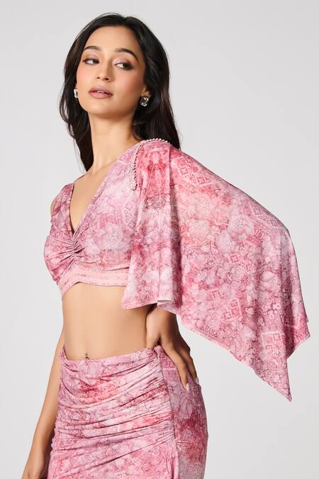Shop_S&N By Shantnu Nikhil_Pink Jersey Embroidery, Pearls V-neck Floral Print Crop Top_Online_at_Aza_Fashions