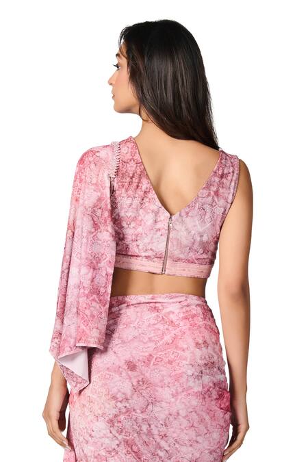 S&N By Shantnu Nikhil_Pink Jersey Embroidery, Pearls V-neck Floral Print Crop Top_at_Aza_Fashions