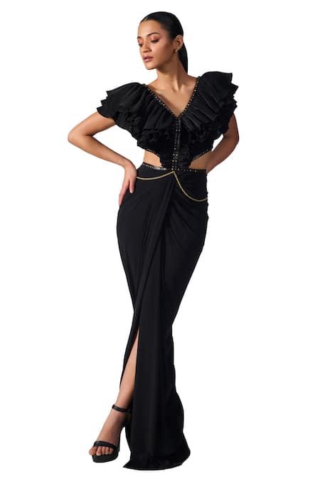S&N By Shantnu Nikhil_Black Polyester Metallic Thread V-neck Side Cut-out Embellished Slit Gown_Online_at_Aza_Fashions