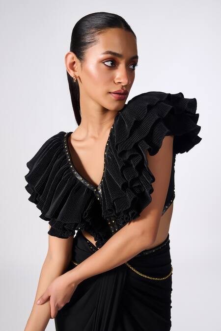 Buy_S&N By Shantnu Nikhil_Black Polyester Metallic Thread V-neck Side Cut-out Embellished Slit Gown_Online_at_Aza_Fashions