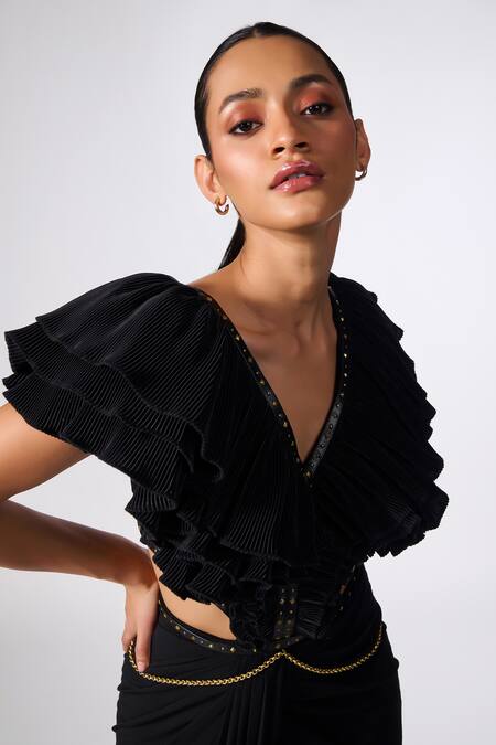 Shop_S&N By Shantnu Nikhil_Black Polyester Metallic Thread V-neck Side Cut-out Embellished Slit Gown_Online_at_Aza_Fashions