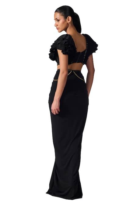 S&N By Shantnu Nikhil_Black Polyester Metallic Thread V-neck Side Cut-out Embellished Slit Gown_at_Aza_Fashions