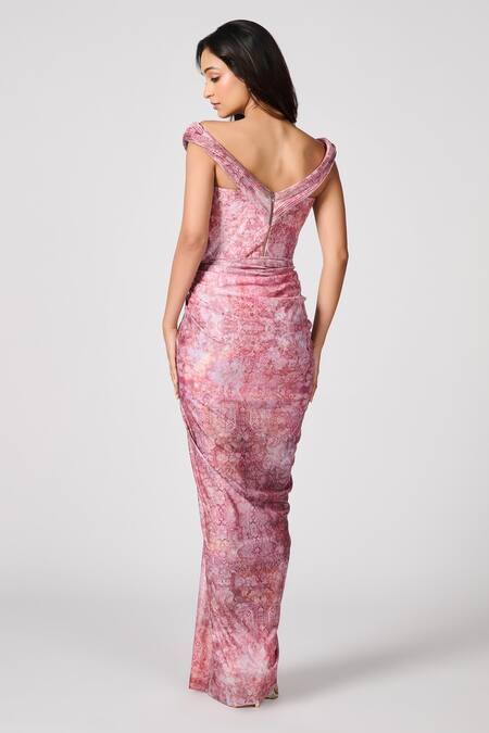 Shop S&N By Shantnu Nikhil Pink Jersey Sequins Off-shoulder Floral Print Embellished Slit Gown at Aza Fashions Shop_S&N By Shantnu Nikhil_Pink Jersey Sequins Off-shoulder Floral Print Embellished Slit Gown_at_Aza_Fashions