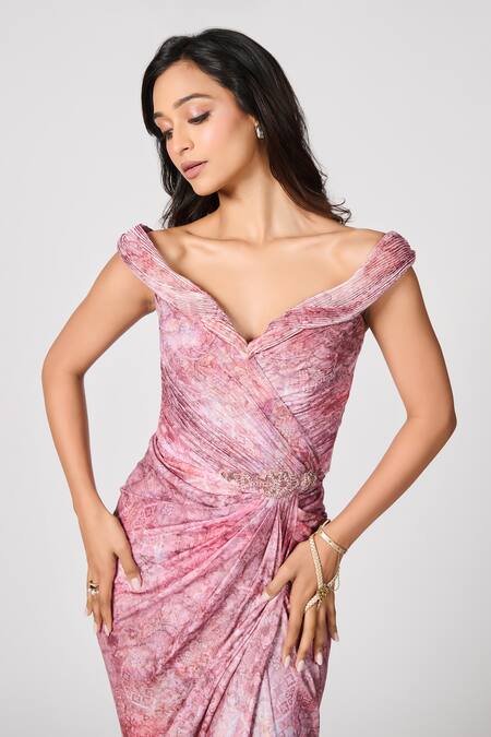 Buy S&N By Shantnu Nikhil Pink Jersey Sequins Off-shoulder Floral Print Embellished Slit Gown Online at Aza Fashions Buy_S&N By Shantnu Nikhil_Pink Jersey Sequins Off-shoulder Floral Print Embellished Slit Gown_Online_at_Aza_Fashions
