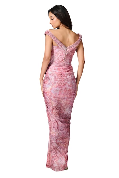 S&N By Shantnu Nikhil Pink Jersey Sequins Off-shoulder Floral Print Embellished Slit Gown at Aza Fashions S&N By Shantnu Nikhil_Pink Jersey Sequins Off-shoulder Floral Print Embellished Slit Gown_at_Aza_Fashions
