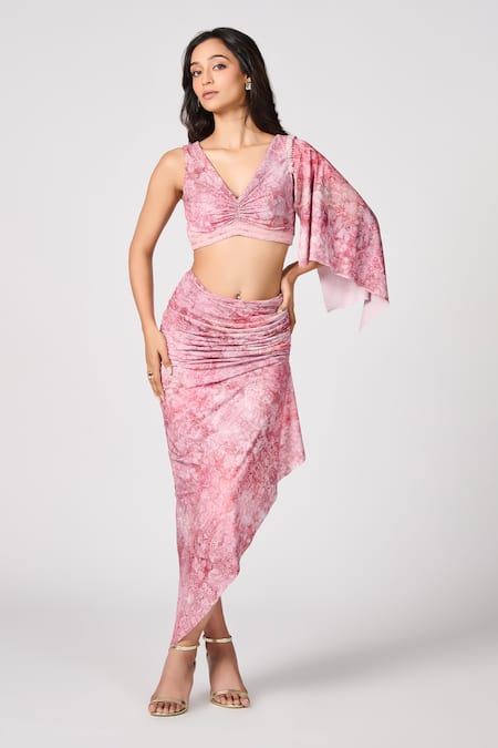S&N by Shantnu Nikhil Pink Jersey Printed Floral Asymmetric Skirt