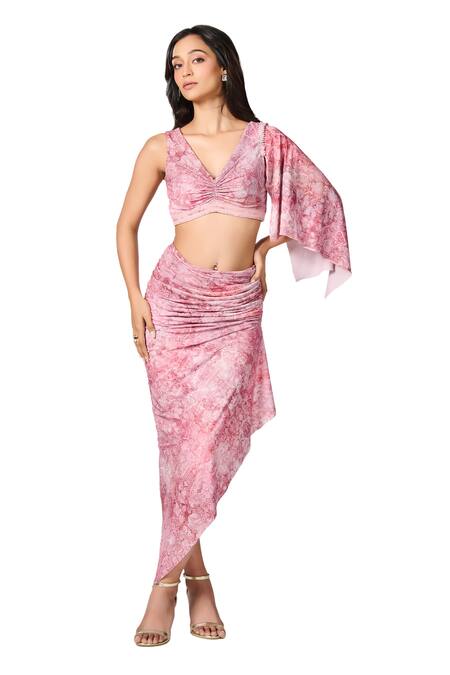 S&N By Shantnu Nikhil Pink Jersey Floral Print Asymmetric Skirt Online at Aza Fashions S&N By Shantnu Nikhil_Pink Jersey Floral Print Asymmetric Skirt_Online_at_Aza_Fashions