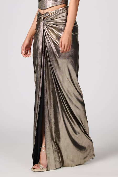 Buy_S&N By Shantnu Nikhil_Gold Pashmina Metallic Textured Slit Skirt _Online_at_Aza_Fashions