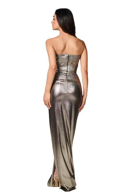 S&N By Shantnu Nikhil_Gold Pashmina Metallic Textured Slit Skirt _at_Aza_Fashions