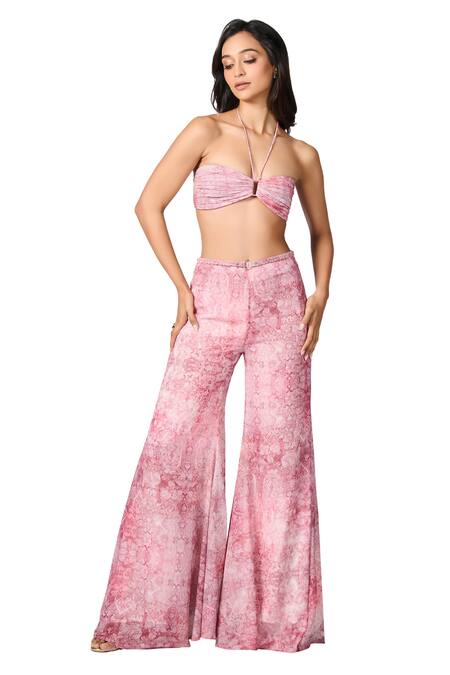 S&N By Shantnu Nikhil_Pink Chiffon Floral Print Flared Pant_Online_at_Aza_Fashions