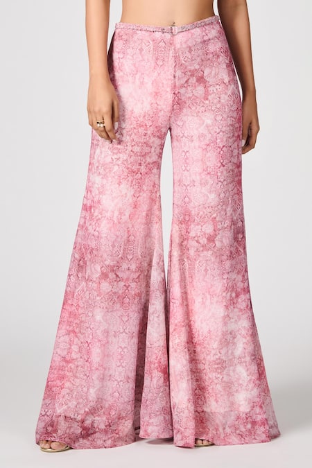 Buy_S&N By Shantnu Nikhil_Pink Chiffon Floral Print Flared Pant_Online_at_Aza_Fashions