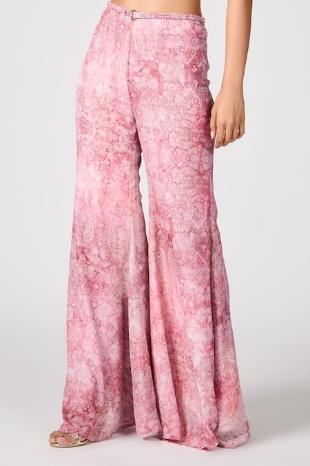 Shop_S&N By Shantnu Nikhil_Pink Chiffon Floral Print Flared Pant_Online_at_Aza_Fashions