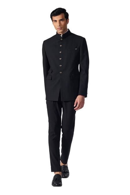 S&N By Shantnu Nikhil_Black Polyester, Spandex Solid Button Down Bandhgala_Online_at_Aza_Fashions