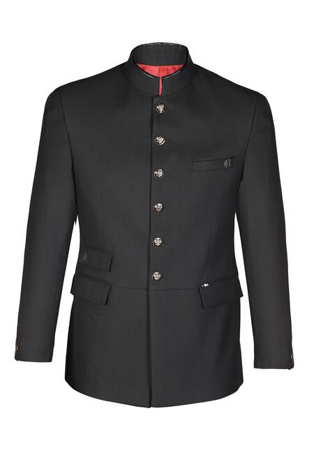 Buy_S&N By Shantnu Nikhil_Black Polyester, Spandex Solid Button Down Bandhgala_Online_at_Aza_Fashions