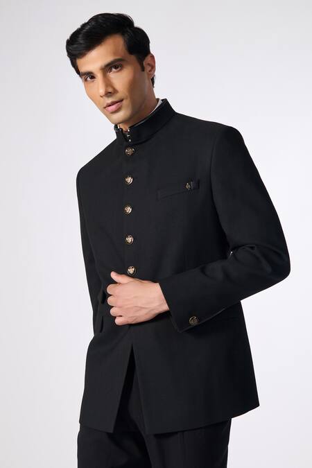 Shop_S&N By Shantnu Nikhil_Black Polyester, Spandex Solid Button Down Bandhgala_Online_at_Aza_Fashions