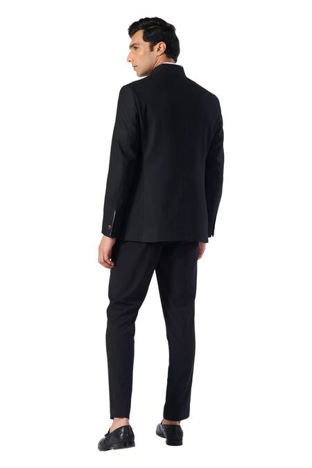 S&N By Shantnu Nikhil_Black Polyester, Spandex Solid Button Down Bandhgala_at_Aza_Fashions