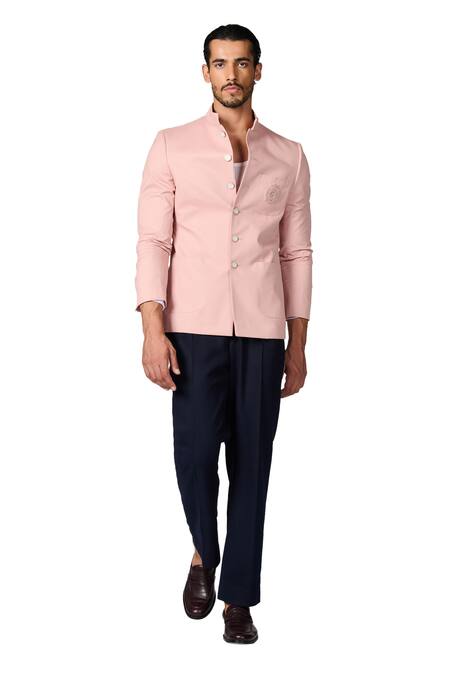 S&N By Shantnu Nikhil Pink Cotton, Twill Embroidery Crest Work Bandhgala Online at Aza Fashions S&N By Shantnu Nikhil_Pink Cotton, Twill Embroidery Crest Work Bandhgala_Online_at_Aza_Fashions