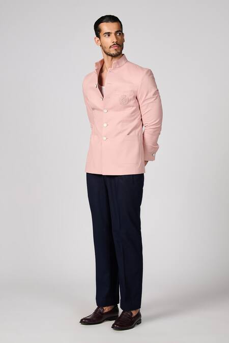 Buy S&N By Shantnu Nikhil Pink Cotton, Twill Embroidery Crest Work Bandhgala Online at Aza Fashions Buy_S&N By Shantnu Nikhil_Pink Cotton, Twill Embroidery Crest Work Bandhgala_Online_at_Aza_Fashions