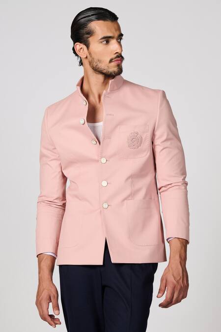 Shop S&N By Shantnu Nikhil Pink Cotton, Twill Embroidery Crest Work Bandhgala Online at Aza Fashions Shop_S&N By Shantnu Nikhil_Pink Cotton, Twill Embroidery Crest Work Bandhgala_Online_at_Aza_Fashions