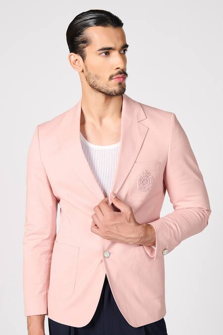 Buy_S&N By Shantnu Nikhil_Pink Cotton, Twill Embroidery Crest Work Jacket _Online_at_Aza_Fashions