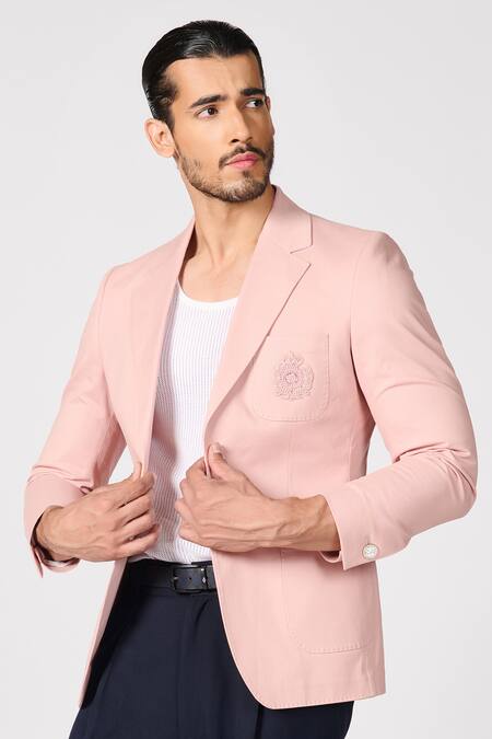Shop_S&N By Shantnu Nikhil_Pink Cotton, Twill Embroidery Crest Work Jacket _Online_at_Aza_Fashions