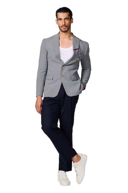 S&N By Shantnu Nikhil_Grey Cotton, Polyester Embroidery Cricket Hallmark Jacket_Online_at_Aza_Fashions