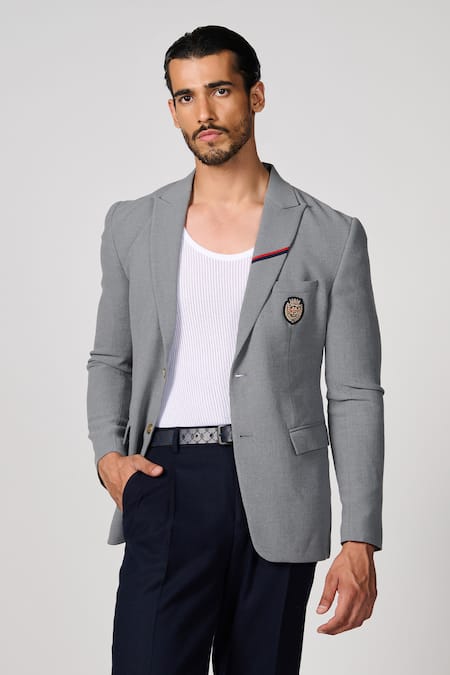 Buy_S&N By Shantnu Nikhil_Grey Cotton, Polyester Embroidery Cricket Hallmark Jacket_Online_at_Aza_Fashions