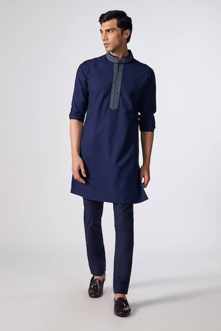 S&N by Shantnu Nikhil Blue Terylene Embroidered Placket And Collar Kurta 