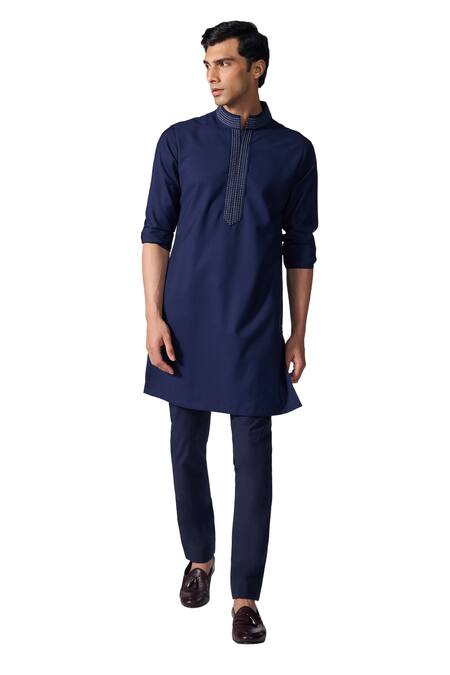S&N By Shantnu Nikhil_Blue Lycra, Viscose, Terrycloth Embroidery Placket And Collar Kurta_Online_at_Aza_Fashions