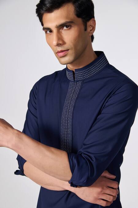 Buy_S&N By Shantnu Nikhil_Blue Lycra, Viscose, Terrycloth Embroidery Placket And Collar Kurta_Online_at_Aza_Fashions
