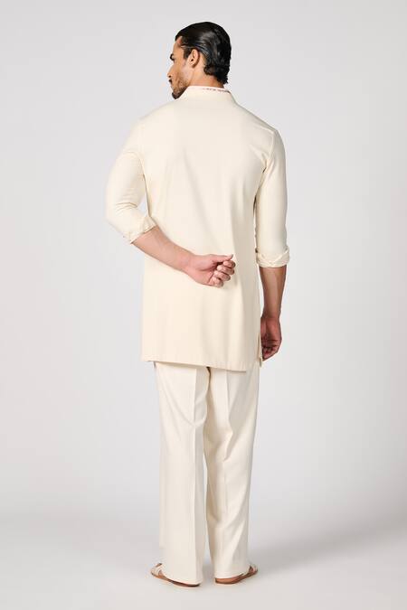 Shop_S&N By Shantnu Nikhil_Off White Lycra, Viscose, Terrycloth Embroidery Crest Short Kurta_at_Aza_Fashions