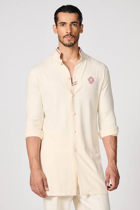 Buy_S&N By Shantnu Nikhil_Off White Lycra, Viscose, Terrycloth Embroidery Crest Short Kurta_Online_at_Aza_Fashions