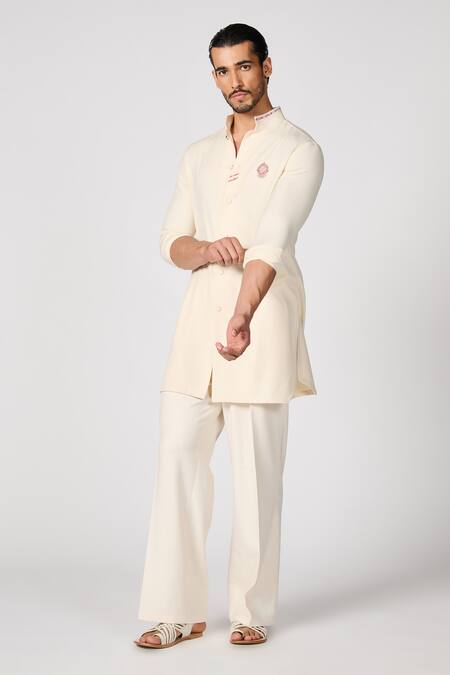 Shop_S&N By Shantnu Nikhil_Off White Lycra, Viscose, Terrycloth Embroidery Crest Short Kurta_Online_at_Aza_Fashions