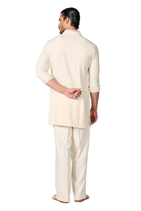 S&N By Shantnu Nikhil_Off White Lycra, Viscose, Terrycloth Embroidery Crest Short Kurta_at_Aza_Fashions