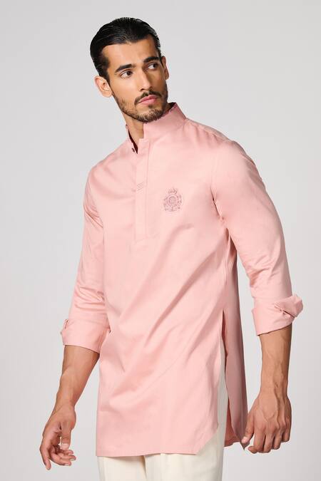 Buy_S&N By Shantnu Nikhil_Pink Gingham Embroidery Crest Kurta_Online_at_Aza_Fashions