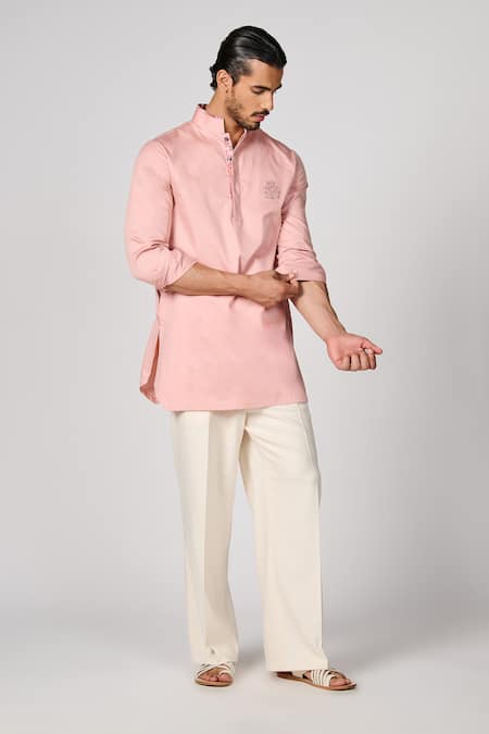 Shop_S&N By Shantnu Nikhil_Pink Gingham Embroidery Crest Kurta_Online_at_Aza_Fashions