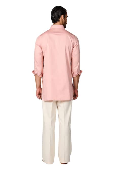 S&N By Shantnu Nikhil_Pink Gingham Embroidery Crest Kurta_at_Aza_Fashions