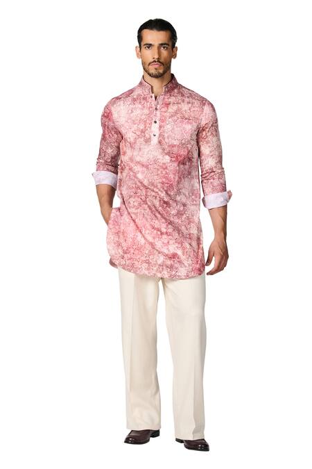 S&N By Shantnu Nikhil_Pink Gingham Abstract Print Kurta_Online_at_Aza_Fashions