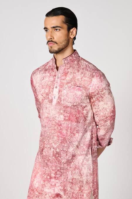 Buy_S&N By Shantnu Nikhil_Pink Gingham Abstract Print Kurta_Online_at_Aza_Fashions