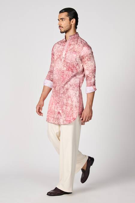 Shop_S&N By Shantnu Nikhil_Pink Gingham Abstract Print Kurta_Online_at_Aza_Fashions