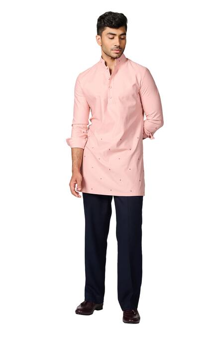 S&N By Shantnu Nikhil Pink Gingham Embroidery Floral Thread Kurta Online at Aza Fashions S&N By Shantnu Nikhil_Pink Gingham Embroidery Floral Thread Kurta_Online_at_Aza_Fashions