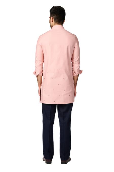 S&N By Shantnu Nikhil Pink Gingham Embroidery Floral Thread Kurta at Aza Fashions S&N By Shantnu Nikhil_Pink Gingham Embroidery Floral Thread Kurta_at_Aza_Fashions