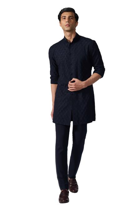 S&N By Shantnu Nikhil Blue Lycra, Viscose, Polyester Embroidery Thread Short Kurta Online at Aza Fashions S&N By Shantnu Nikhil_Blue Lycra, Viscose, Polyester Embroidery Thread Short Kurta_Online_at_Aza_Fashions