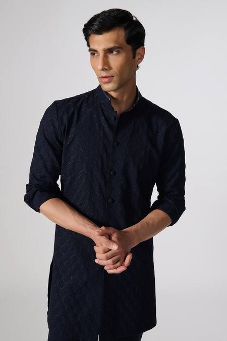 Shop S&N By Shantnu Nikhil Blue Lycra, Viscose, Polyester Embroidery Thread Short Kurta Online at Aza Fashions Shop_S&N By Shantnu Nikhil_Blue Lycra, Viscose, Polyester Embroidery Thread Short Kurta_Online_at_Aza_Fashions