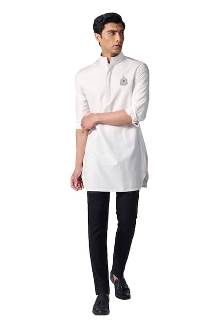 S&N By Shantnu Nikhil_Off White Viscose, Polyester Embroidery Crest Short Kurta_Online_at_Aza_Fashions