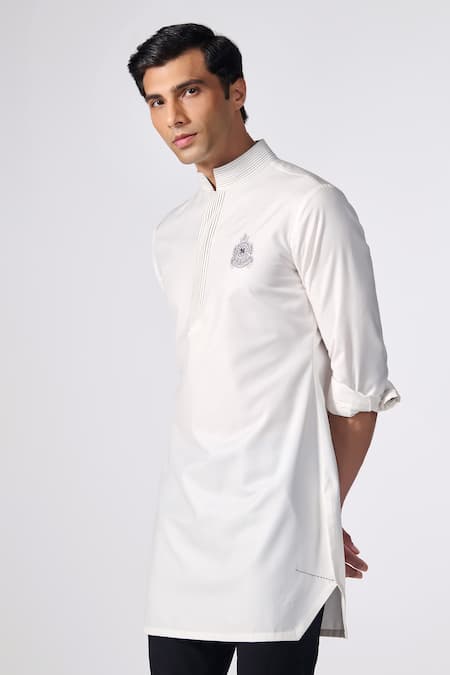 Shop_S&N By Shantnu Nikhil_Off White Viscose, Polyester Embroidery Crest Short Kurta_Online_at_Aza_Fashions