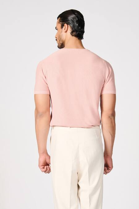 Shop S&N By Shantnu Nikhil Pink Viscose Embroidery Crest T-shirt at Aza Fashions Shop_S&N By Shantnu Nikhil_Pink Viscose Embroidery Crest T-shirt_at_Aza_Fashions