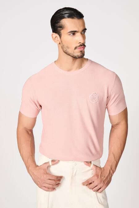 Shop S&N By Shantnu Nikhil Pink Viscose Embroidery Crest T-shirt Online at Aza Fashions Shop_S&N By Shantnu Nikhil_Pink Viscose Embroidery Crest T-shirt_Online_at_Aza_Fashions